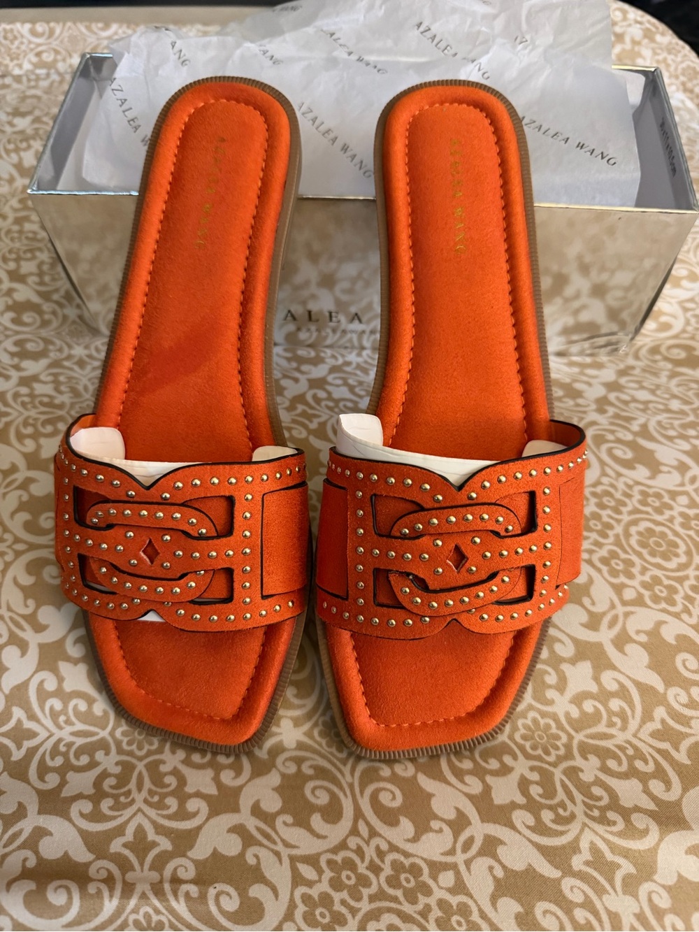 Orange Studded Suede Slide Sandals - Ladies